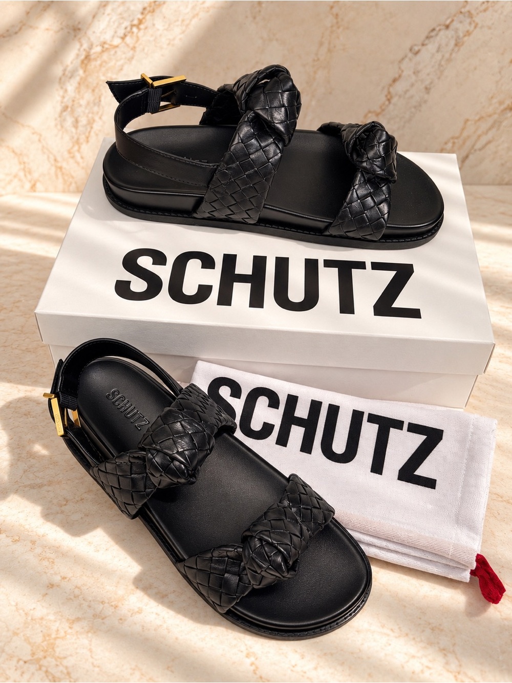 NWT SCHUTZ Kareena Knot Sporty Black Leather Sandals Size 7